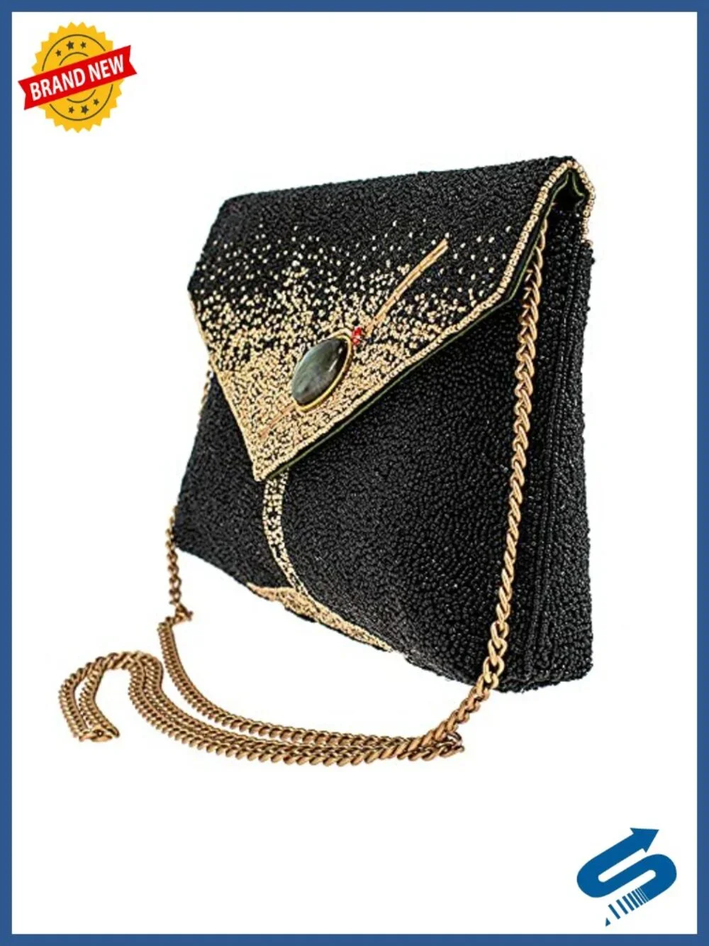 Hand-beaded crossbody clutch with martini glass motif, gem accents, removable